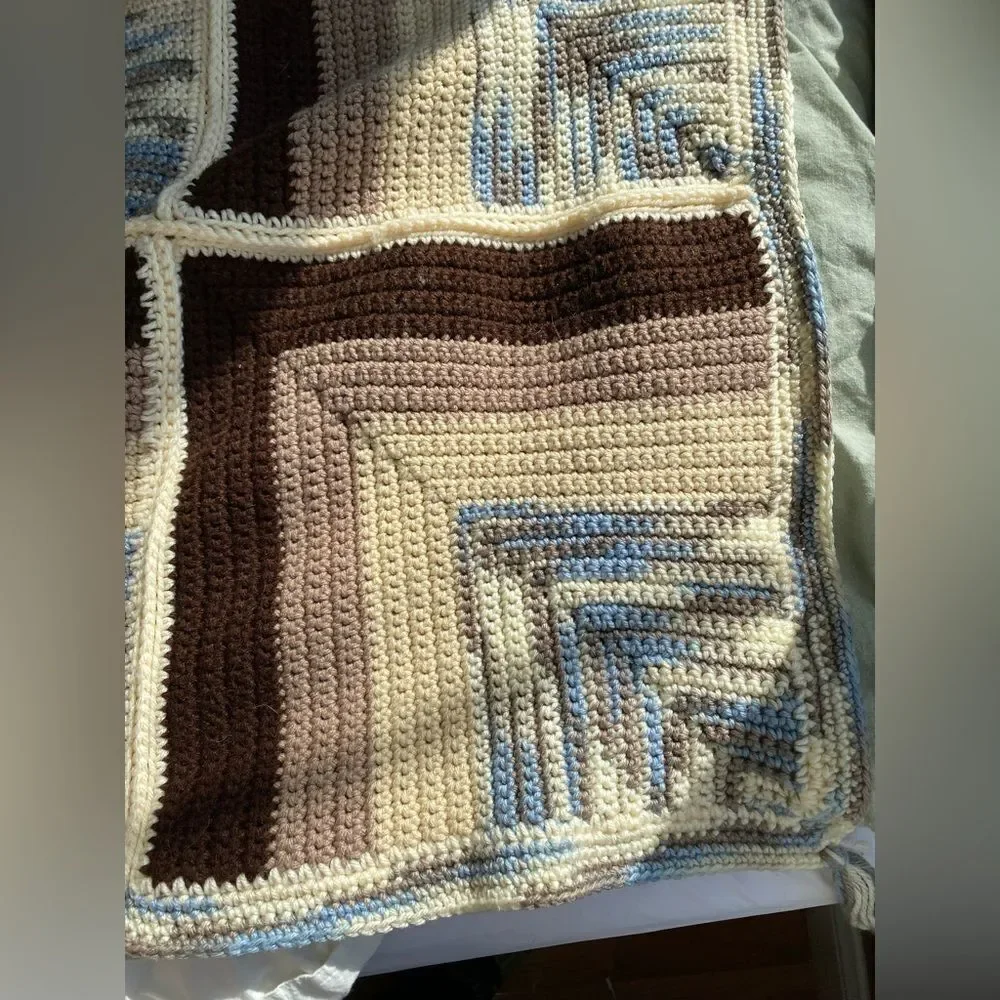Vintage 1970s Knitted Geometric Bed Throw Blanket